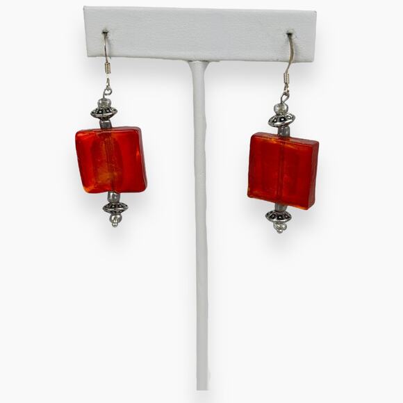 Artisan Bracelet Pierced Dangle Earrings Red Acrylic Square Links Silver Tone - Picture 5 of 10